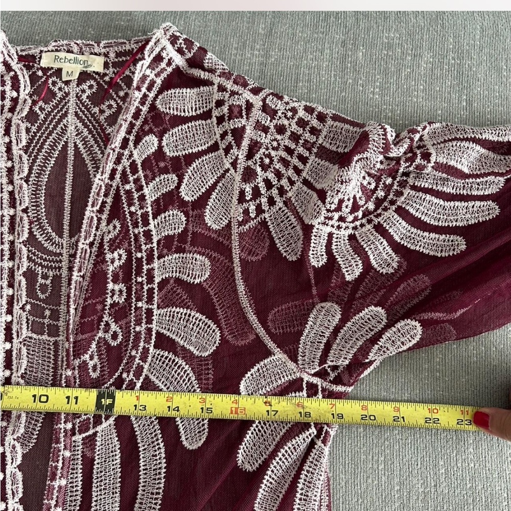 Boho Western Gipsy Burgundy Floral Sheer Kimono Size M - Picture 3 of 8